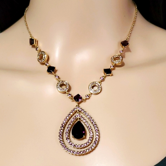 NVC Purple Rhinestones on Gold Tone Necklace - Picture 6 of 7